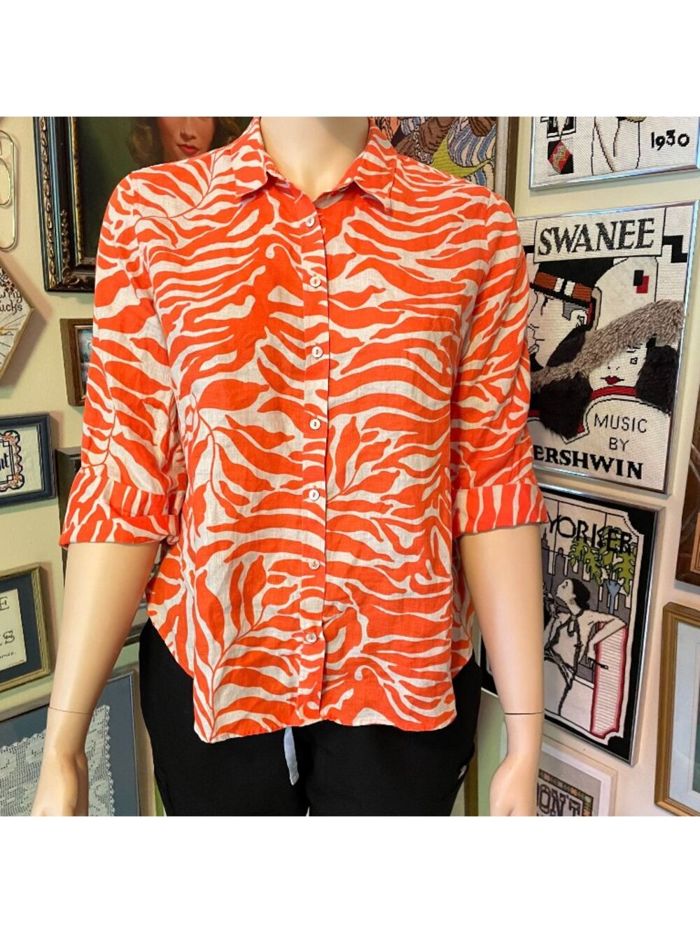 Chicos Womens Orange & White Zebra Print Button-Up Linen Shirt Size Large